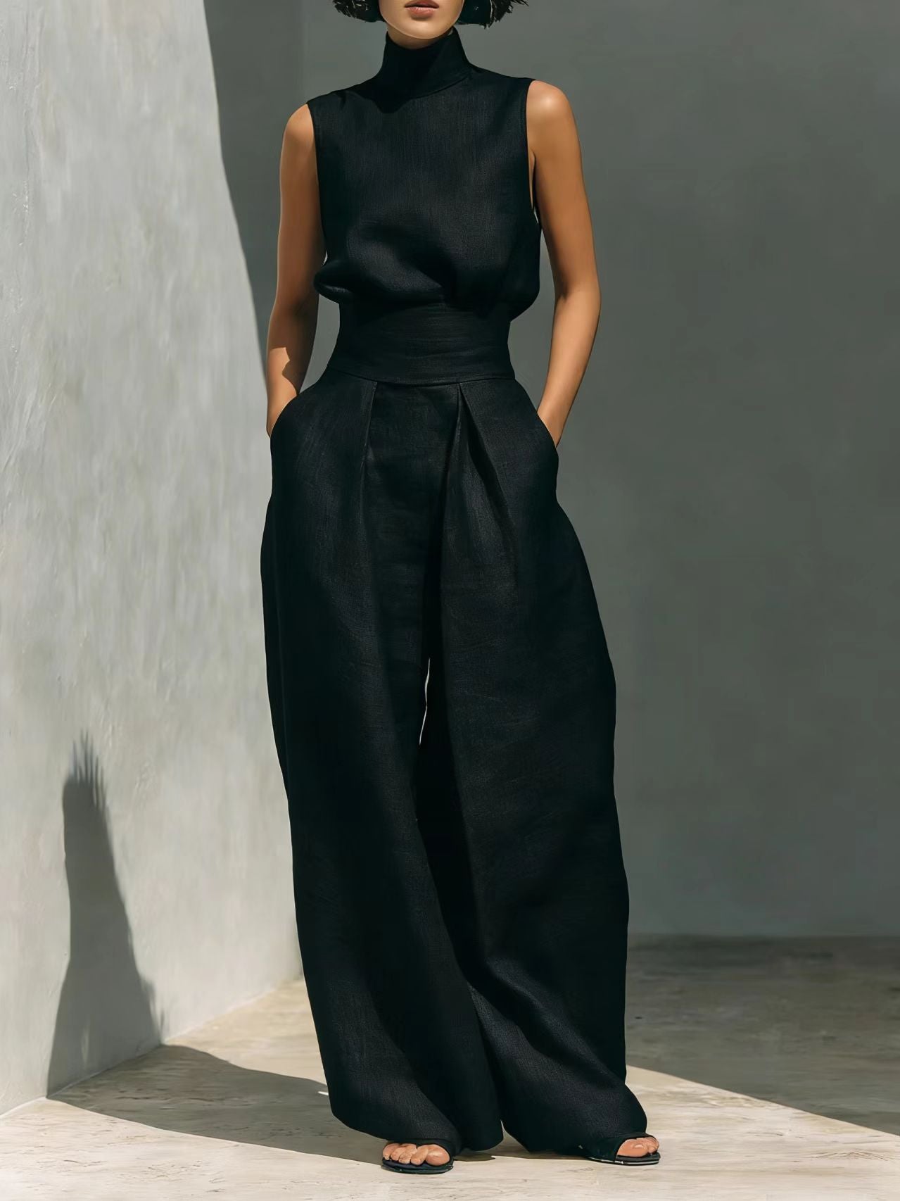 Casual Sleeveless Suit Summer Stand-up Collar Pullover Top And Loose Straight-leg Trousers Women's Clothing by null