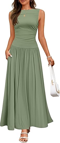 Buy Women's Summer Sleeveless Maxi Dress Casual Round Neck Pleated Elegant Maxi Dress With Pockets online at DLC Market