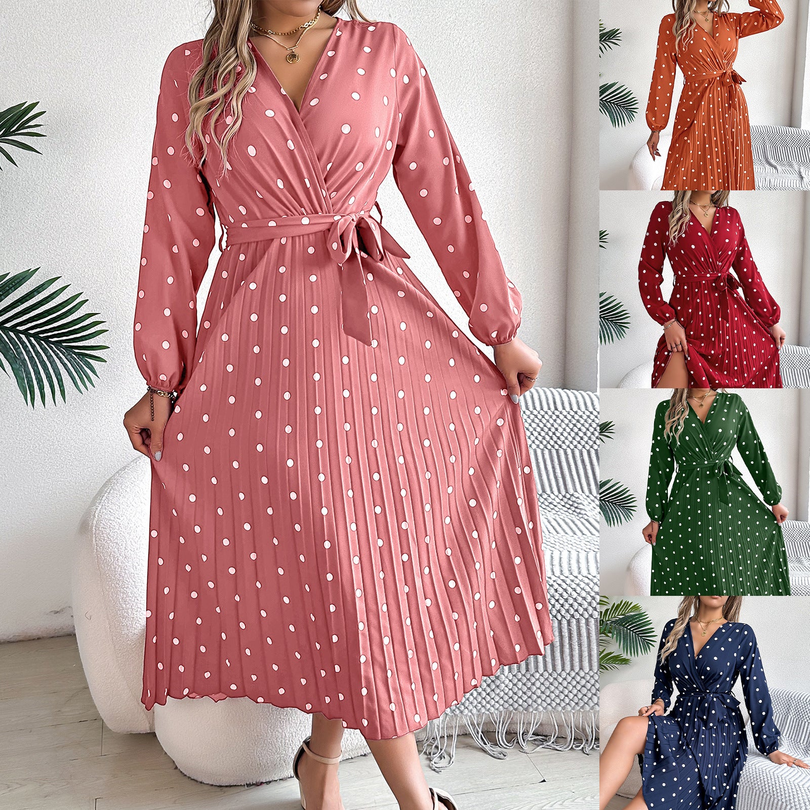 Buy Spring Summer Elegant Long Dress Cross V-Neck Contrast Polka Dot Long Sleeve Pleated Bridesmaid Dresses online at DLC Market