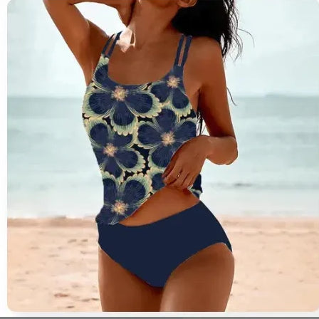Vintage Printed Split High Waist Conservative Swimwear by null
