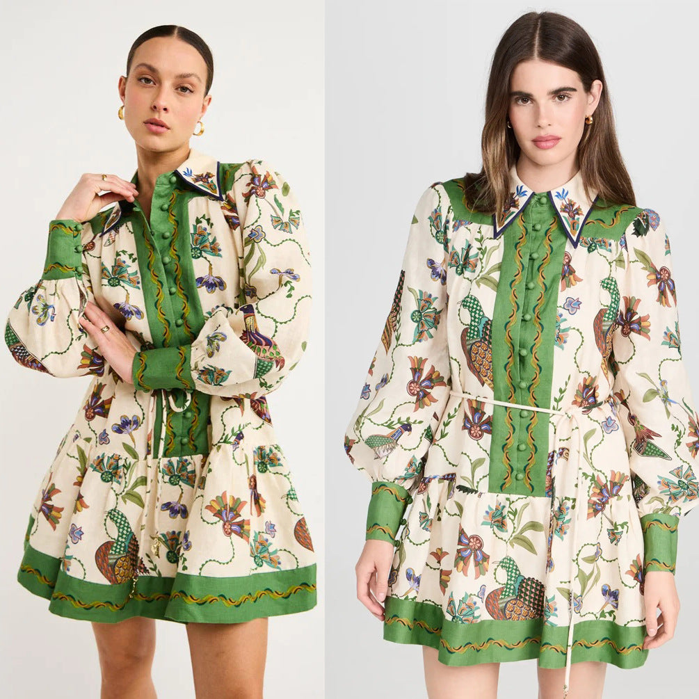 Buy Long Sleeve Printing Lapel Dress online at DLC Market