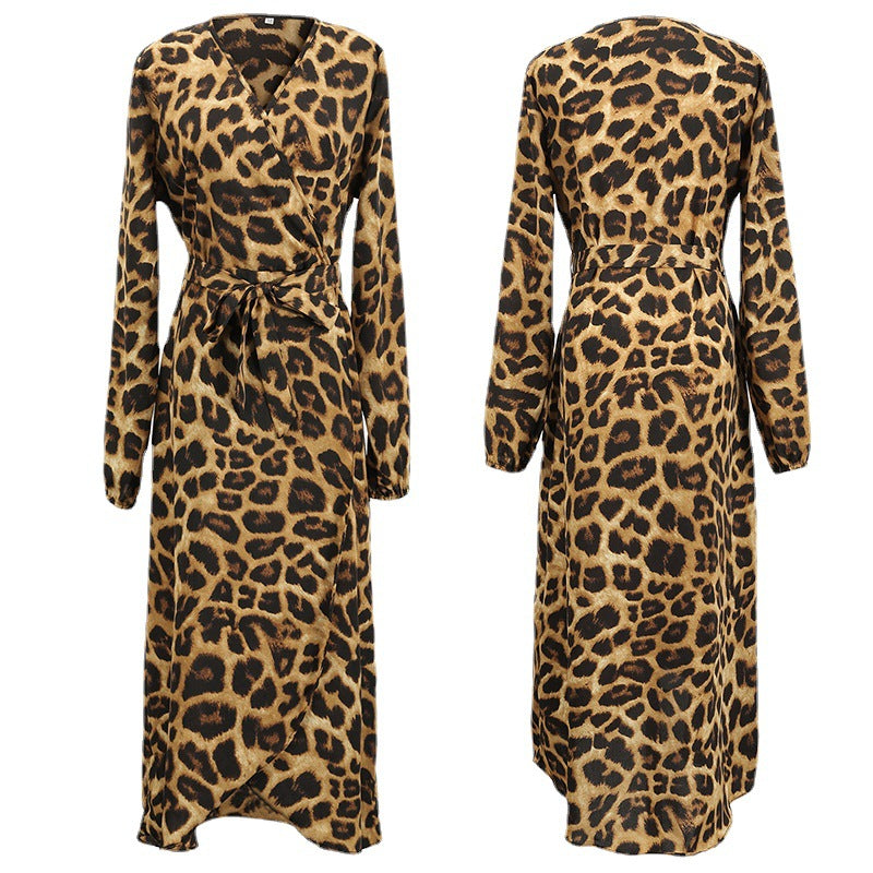 Buy Autumn Skirt Leopard Print Printed V-neck Long Sleeve Lace-up Dress online at DLC Market