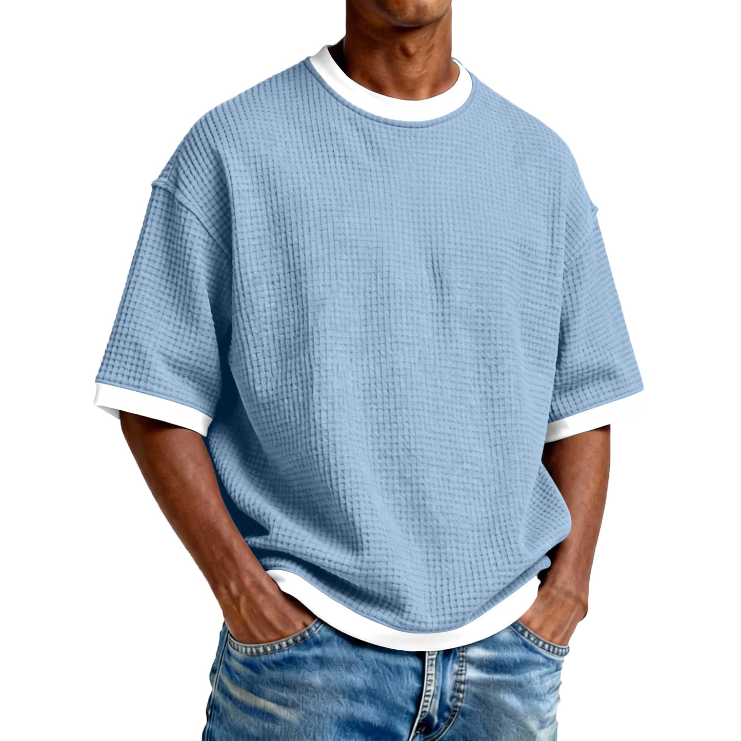 Men's Crew Neck Contrast Color Casual T-Shirt - Cotton Blend Lightweight Short Sleeve Top For Daily Wear by null