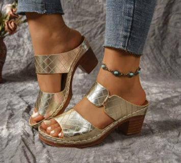 Buy Chunky Heel Sandals Summer Round Toe Plaid Slides Slippers Fashion Outdoor High Heels Shoes For Women online at DLC Market