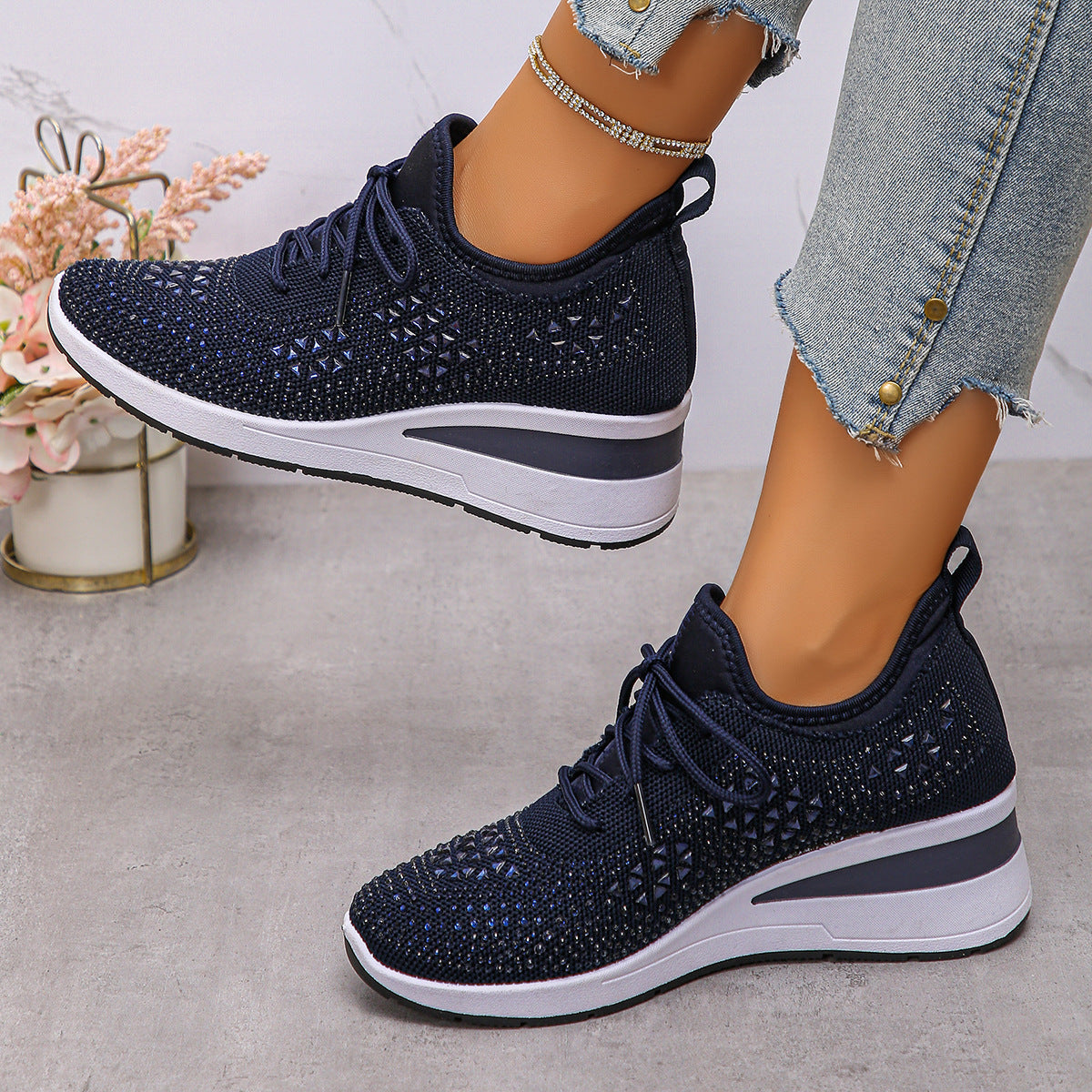 Buy Ins Rhinestone Sneakers Fashion Lace Up Wedges Casual Shoes Women's Daily Commuting Sports Shoes online at DLC Market
