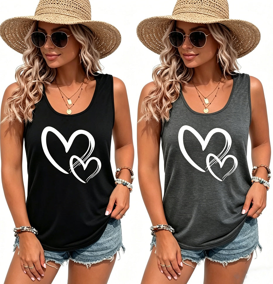 Buy Hearts Print Crew Neck Tank Top, Casual Sleeveless Tank Top For Summer, Women's Clothing online at DLC Market