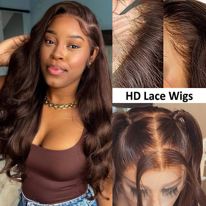 Chocolate Brown 4x4 Lace Closure Wig Human Hair Color Body Wave Density by null