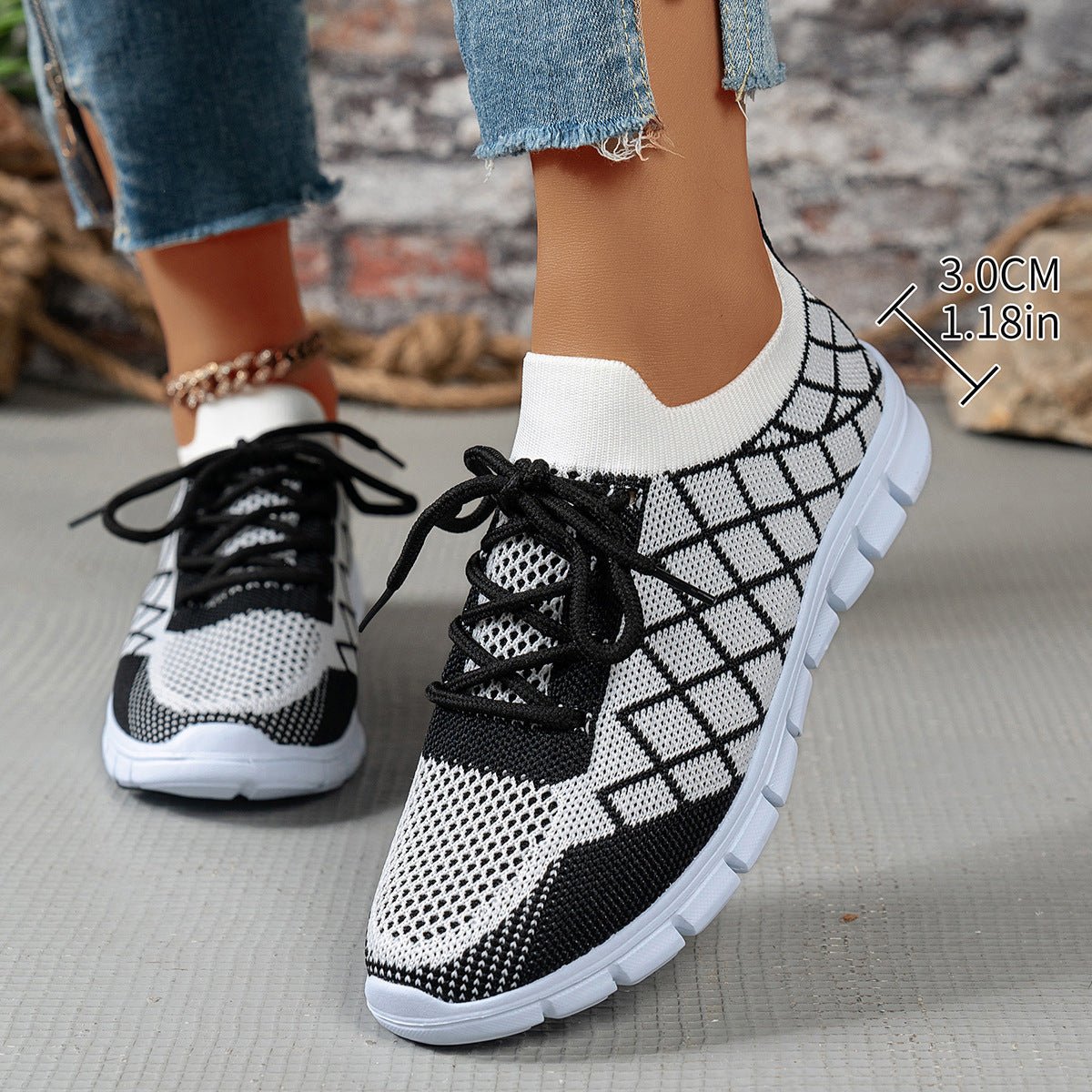 Colorblock Plaid Flyknit Lace-Up Sneakers - DLC MARKET