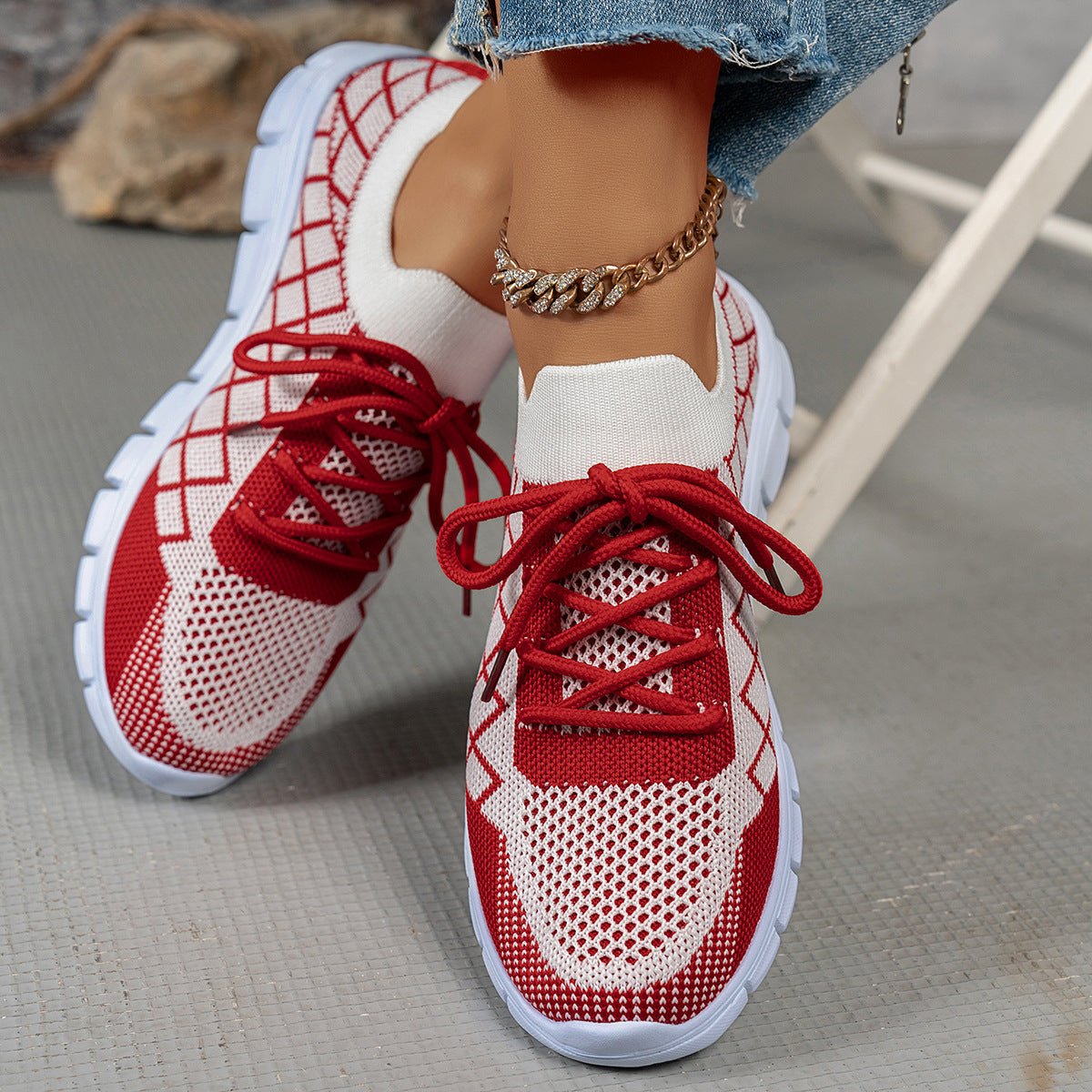 Colorblock Plaid Flyknit Lace-Up Sneakers - DLC MARKET