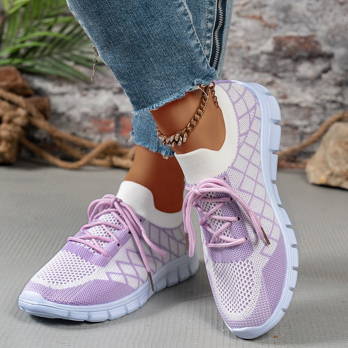 Colorblock Plaid Flyknit Lace-Up Sneakers - DLC MARKET