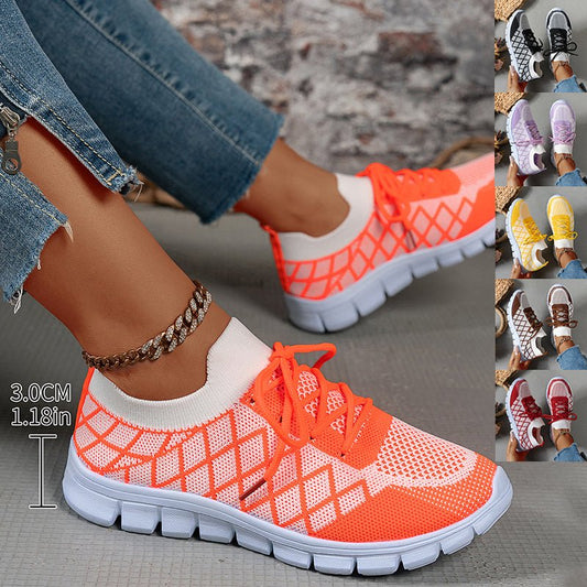 Colorblock Plaid Flyknit Lace-Up Sneakers - DLC MARKET