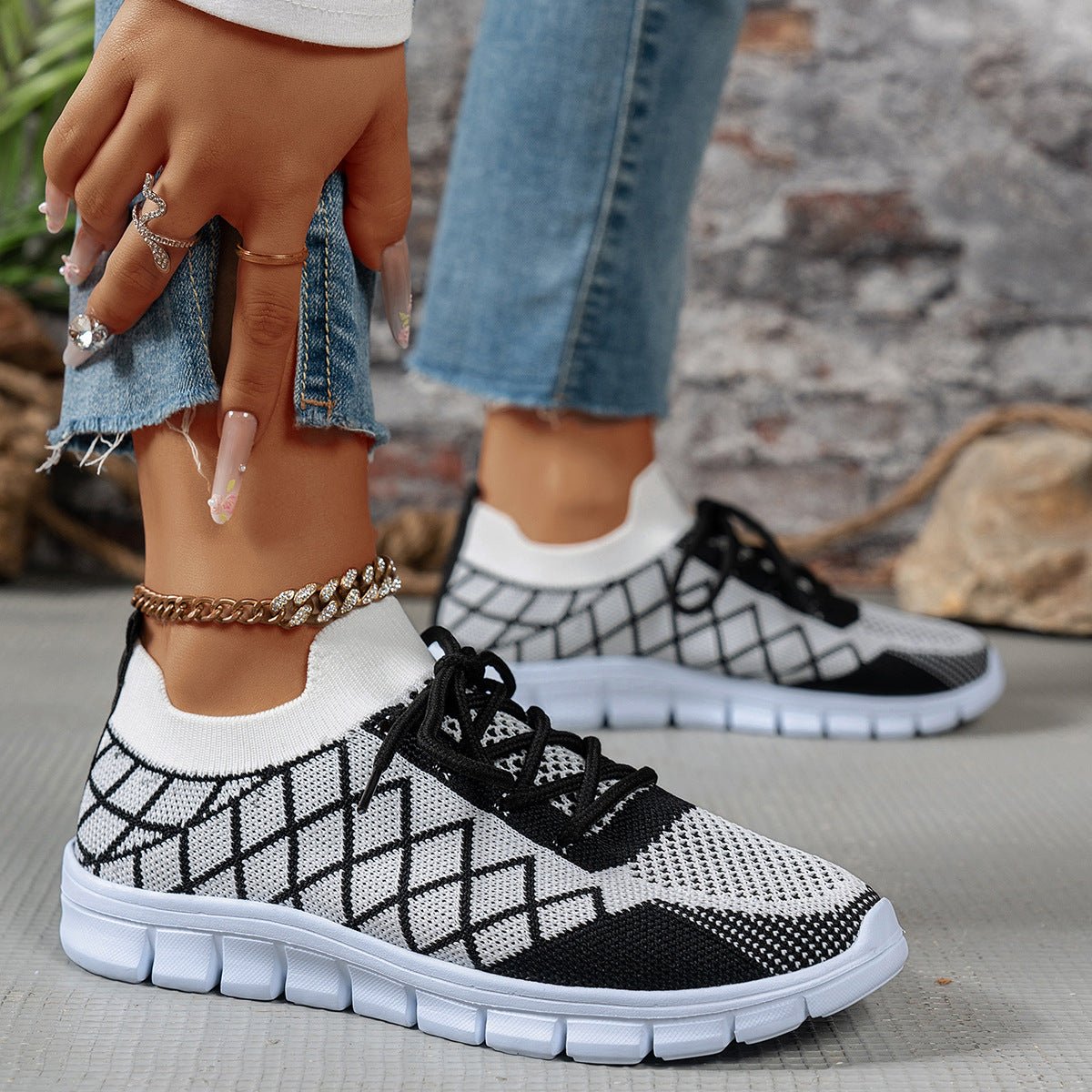 Colorblock Plaid Flyknit Lace-Up Sneakers - DLC MARKET