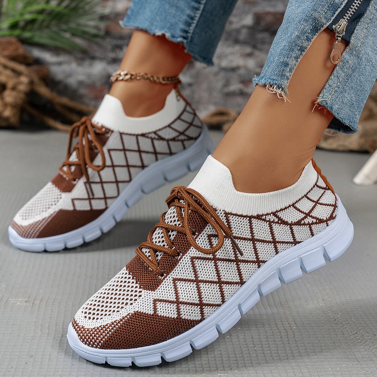 Colorblock Plaid Flyknit Lace-Up Sneakers - DLC MARKET