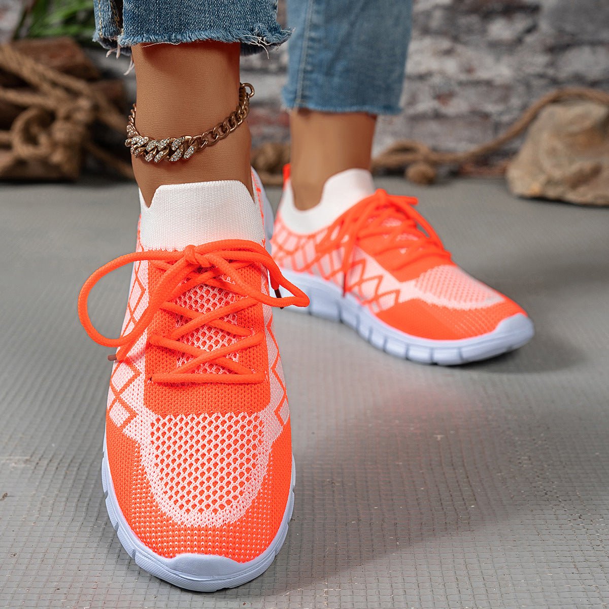 Colorblock Plaid Flyknit Lace-Up Sneakers - DLC MARKET