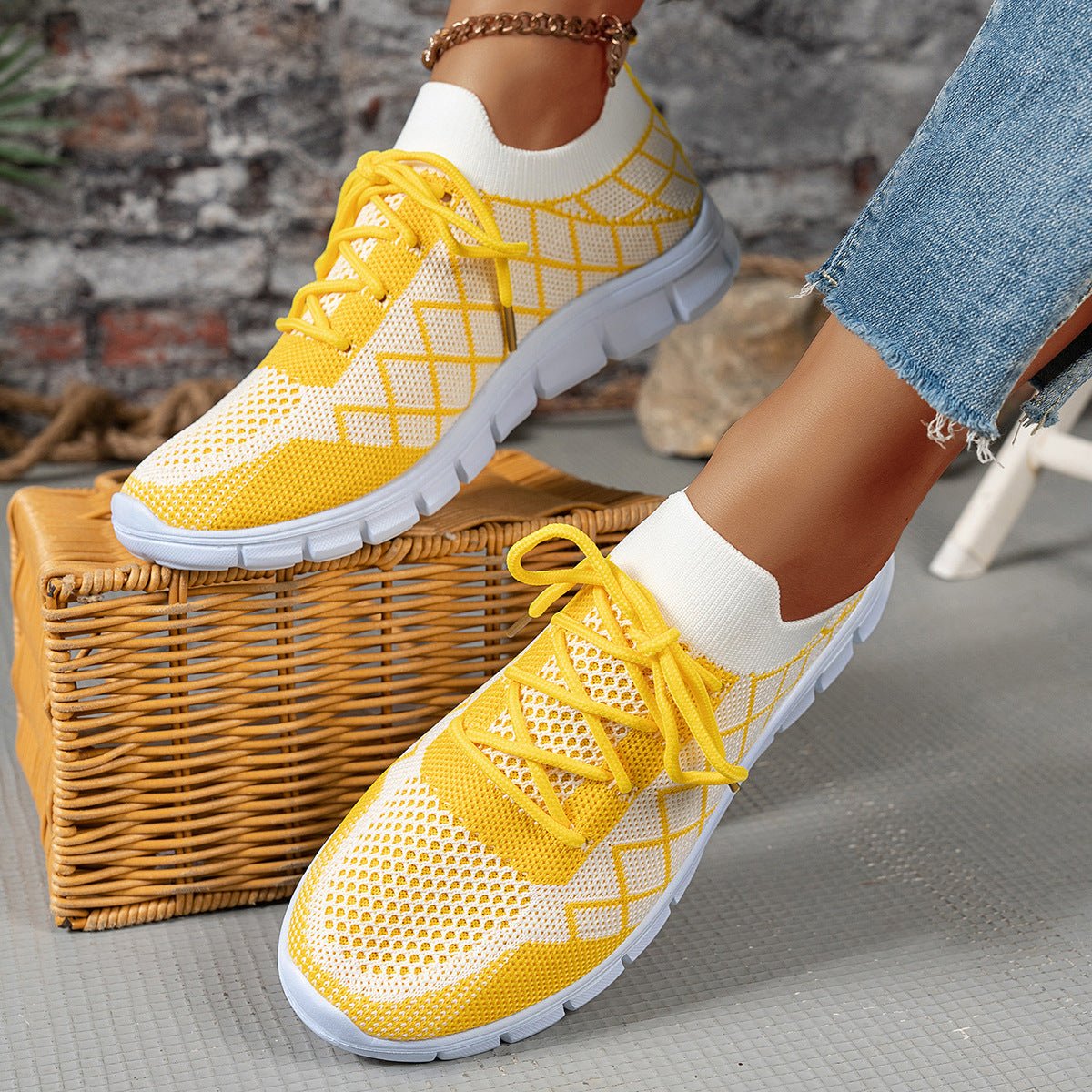 Colorblock Plaid Flyknit Lace-Up Sneakers - DLC MARKET