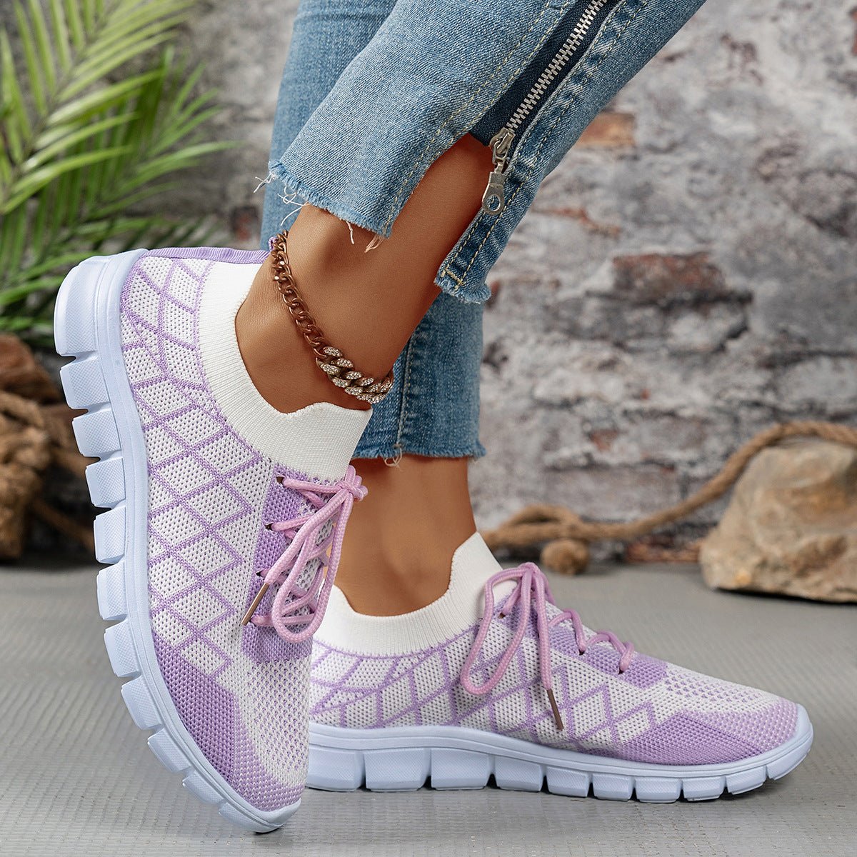 Colorblock Plaid Flyknit Lace-Up Sneakers - DLC MARKET