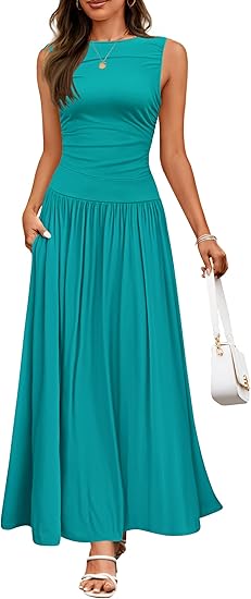 Buy Women's Summer Sleeveless Maxi Dress Casual Round Neck Pleated Elegant Maxi Dress With Pockets online at DLC Market