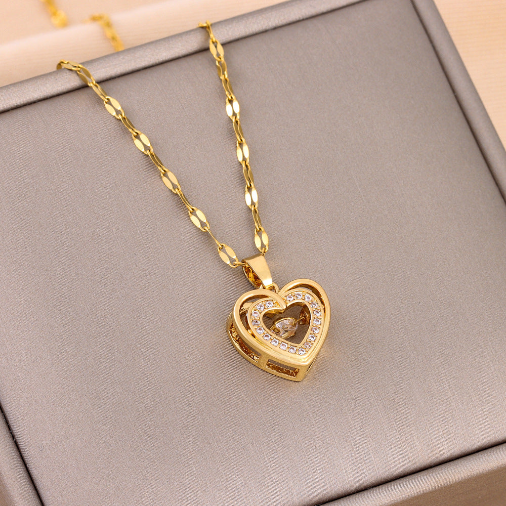 Womens double-layer love titanium rhinestone pendant necklace | DLC Market