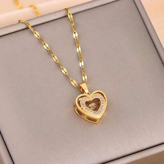 Womens double-layer love titanium rhinestone pendant necklace | DLC Market