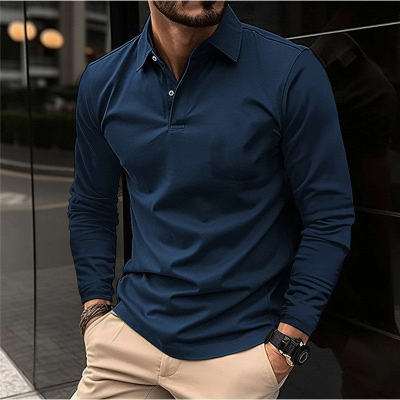 Buckle European And American Men's Daily Casual Polo Collar Long Sleeve Polo Wear by null