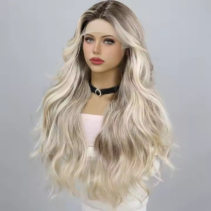 European And American Fashion T-shaped Lace Gold Gradient Wavy Curly Hair Wigs Shipped From Warehouse by null
