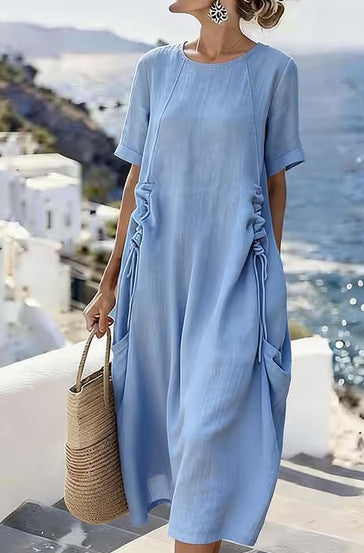 Buy Women's Summer Loose Casual Midi Dress Breathable Cotton Linen Short-sleeve Mid-length Dresses Women Simple Beach Dress online at DLC Market