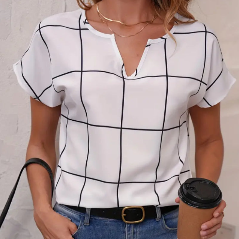 Buy Plaid Print Notched Neck Blouse, Casual Short Sleeve Blouse For Spring & Summer, Women's Clothing online at DLC Market