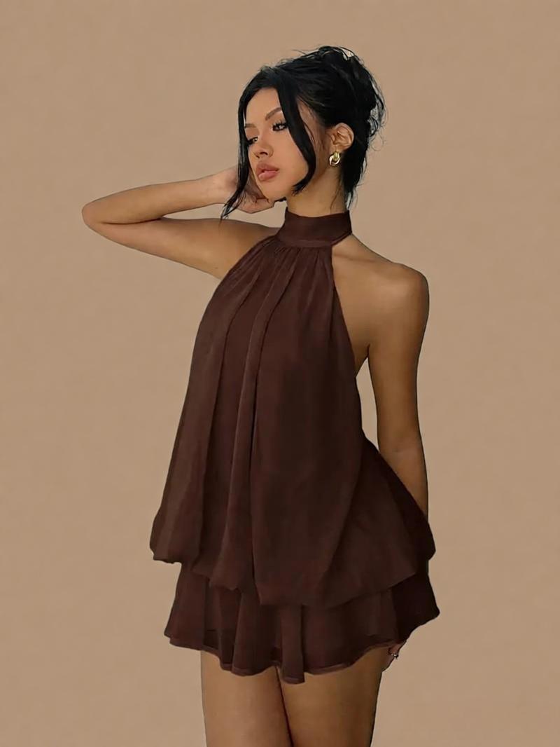 Chiffon Halter Tea Length Dress Sassy Skirt by null