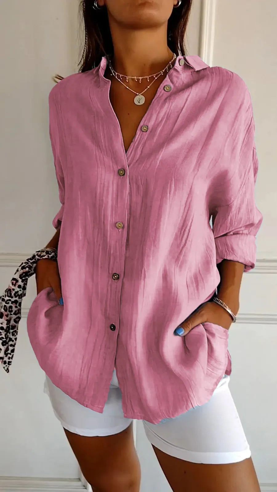 Lapel Long Sleeve Shirt Women's Single-breasted Pleated Shirt Tops Clothing by null