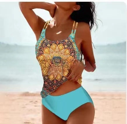 Retro Split High Waist Bikini Beach Print Strap Swimsuit by null