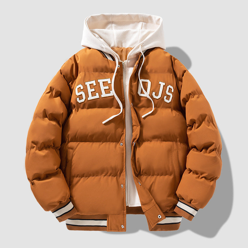 Fashion Letter Hooded Cotton Coat Winter Warm Solid Zipper Jacket For Men Teenagers Clothing by null