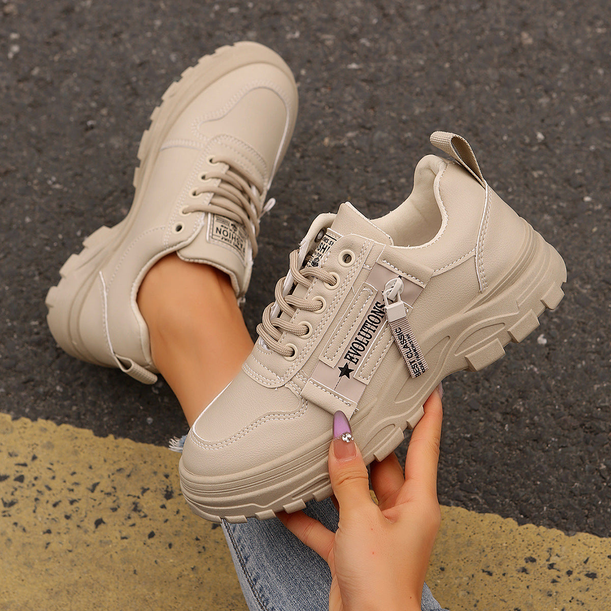 Buy Lace-up Sports Shoes With Side-Zipper Design Fashion Thick-soled Round-toe Casual Shoes For Women Sneakers online at DLC Market