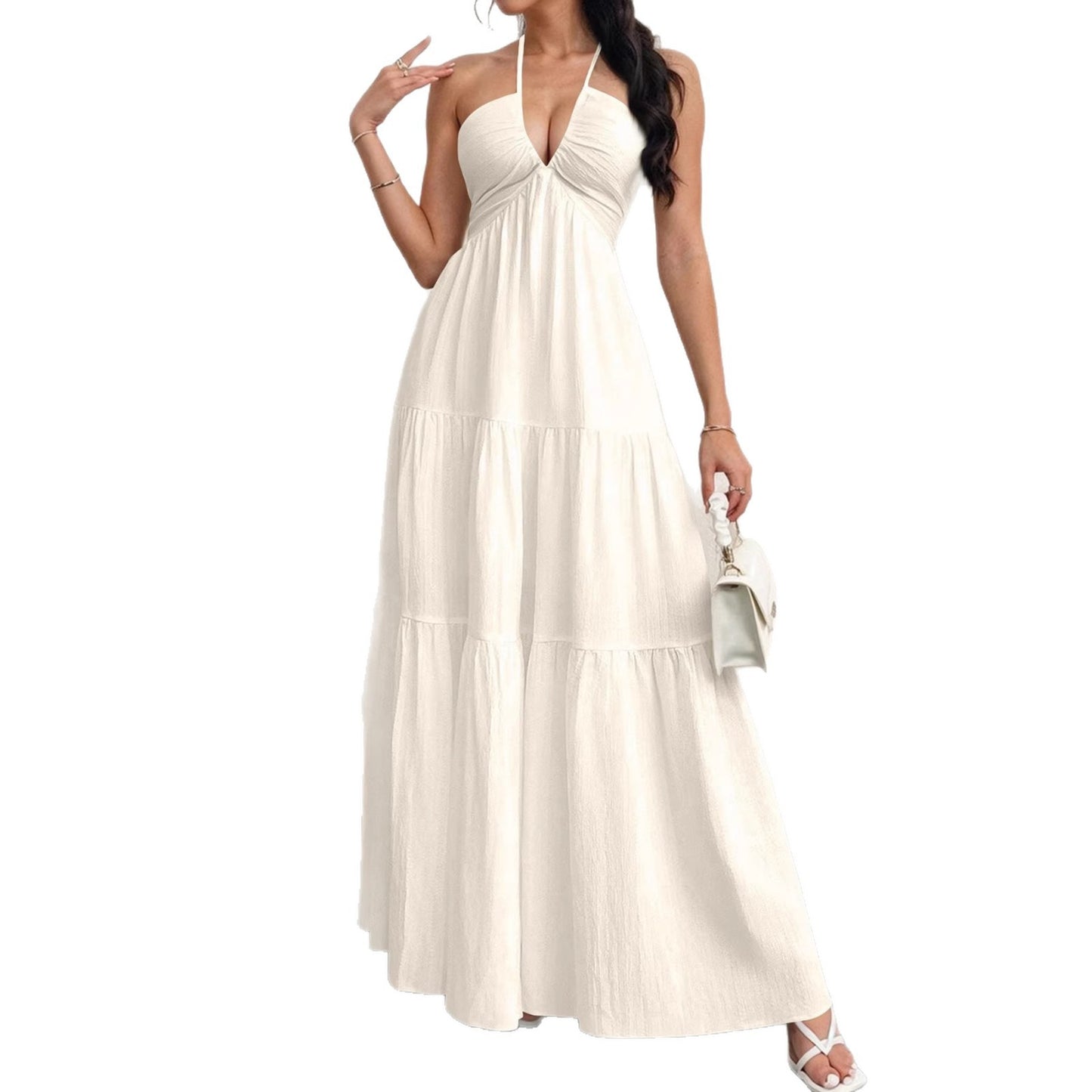 Backless Halterneck V-Neck Pleated A- Line Dress Women's Clothing One-Piece Dress Ankle-length Skirt For Beach Vacation Outfits by null