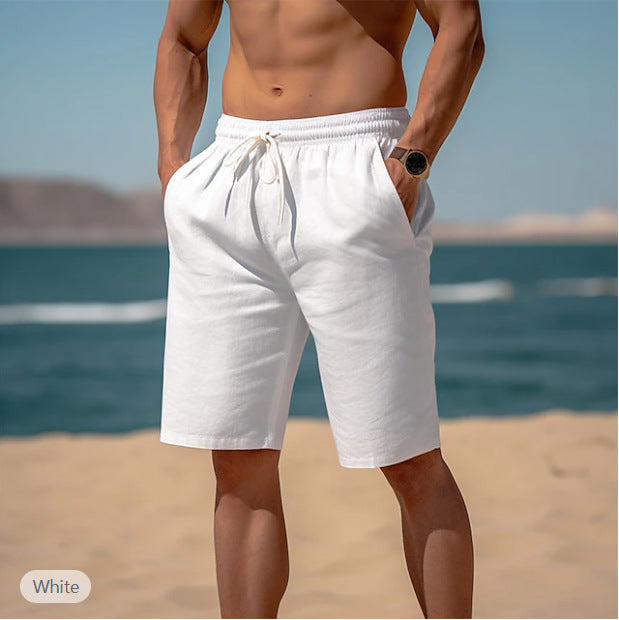 Summer Drawstring Shorts Elastic Waist Straight Pants Beach Breathable Shorts For Men Clothing by null