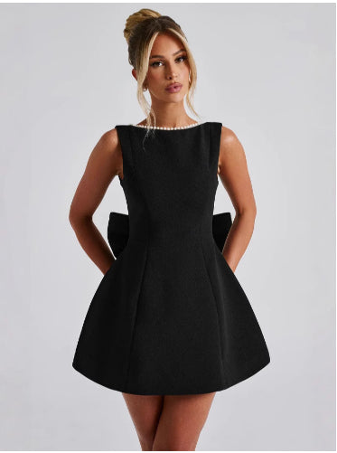 Fashion Big-Bowed Pearls Backless Dress Summer Slim Sleeveless A-line Dresses For Party Evening Women's Clothing by null