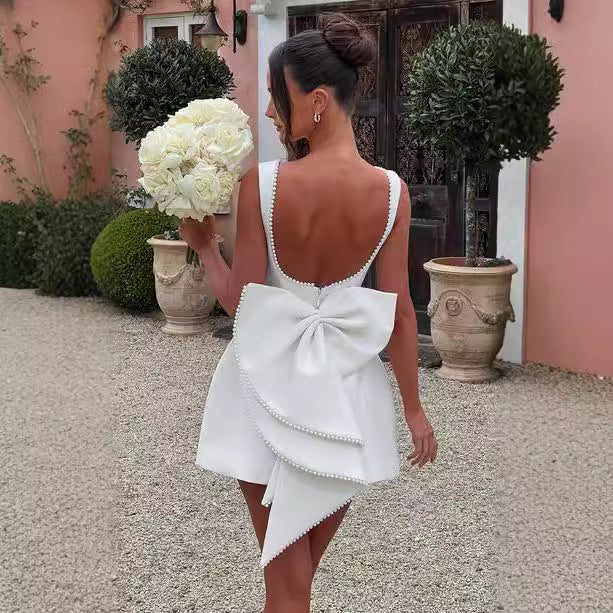 Fashion Big-Bowed Pearls Backless Dress Summer Slim Sleeveless A-line Dresses For Party Evening Women's Clothing by null