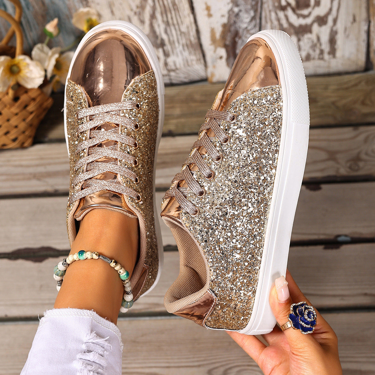 Buy Plus Size Sequined Front Lace-up Solid Color Plus Size Board Shoes online at DLC Market