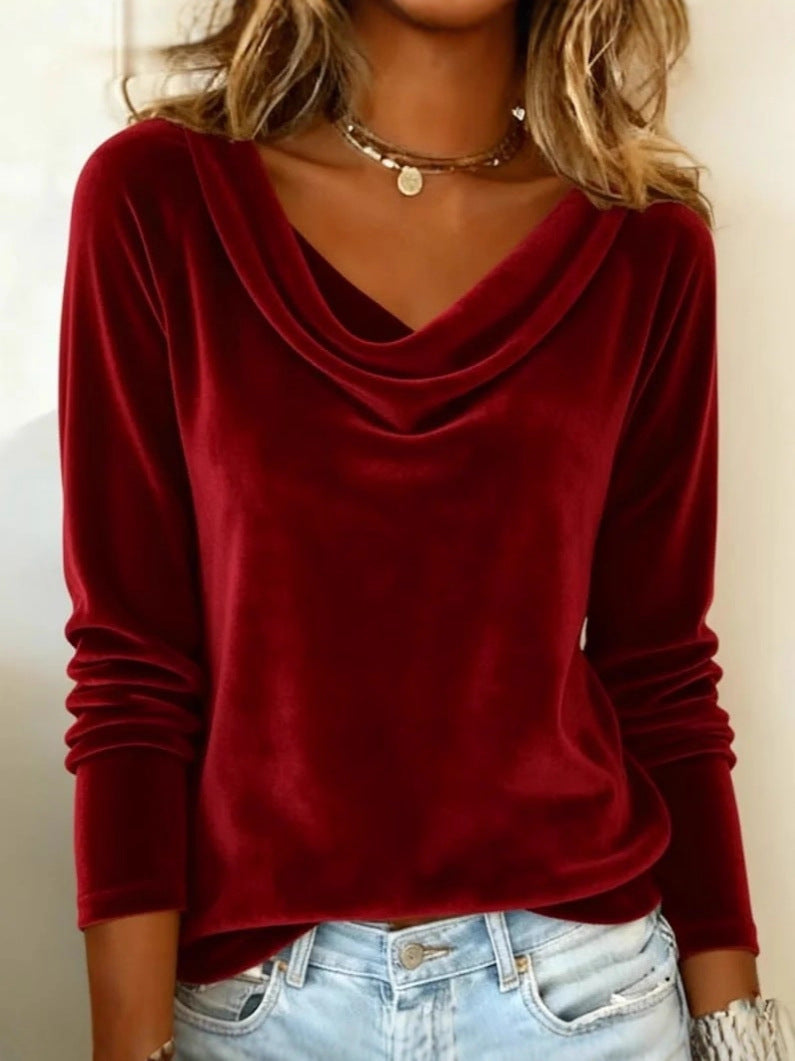 Elegant Velvet Long Sleeve Shirts For Women Fall Spring Solid Color Loose Women Blouses Fashion Pullover Tops Party Clothes by null