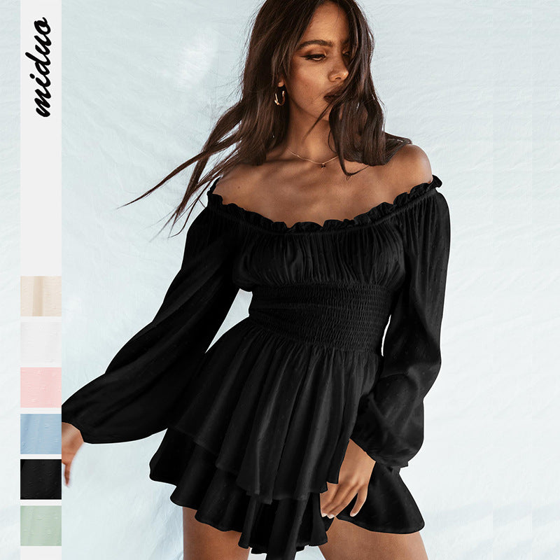 Buy Fashion Solid Color Off-neck Pleated Ruffled Stitching Long Sleeve Casual Jumpsuit online at DLC Market