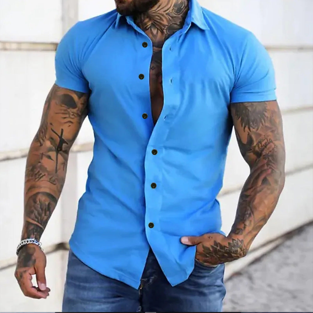 Slim Fit Short Sleeve Shirt Summer Men's Solid Color Casual Tops by null