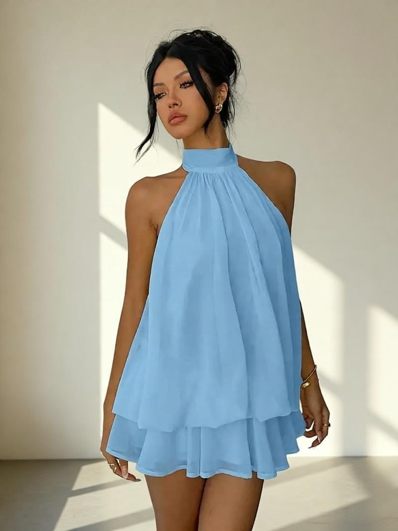 Chiffon Halter Tea Length Dress Sassy Skirt by null