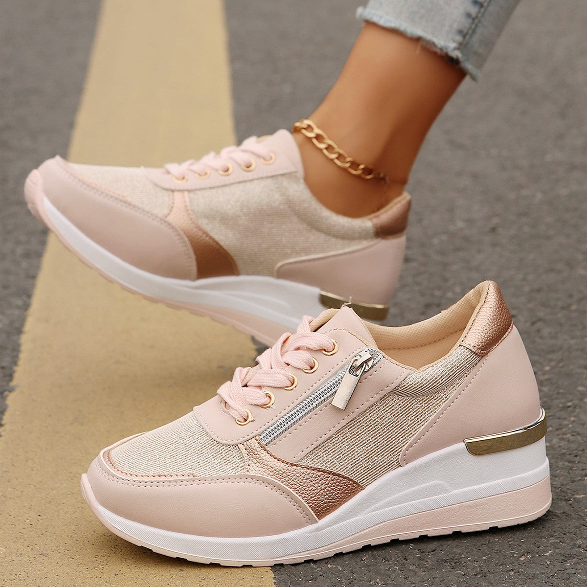 Buy Women's Lace-up Casual Shoes FFashion Side Zipper Design Thick-soled Shoes Walking Running Sports Sneakers online at DLC Market