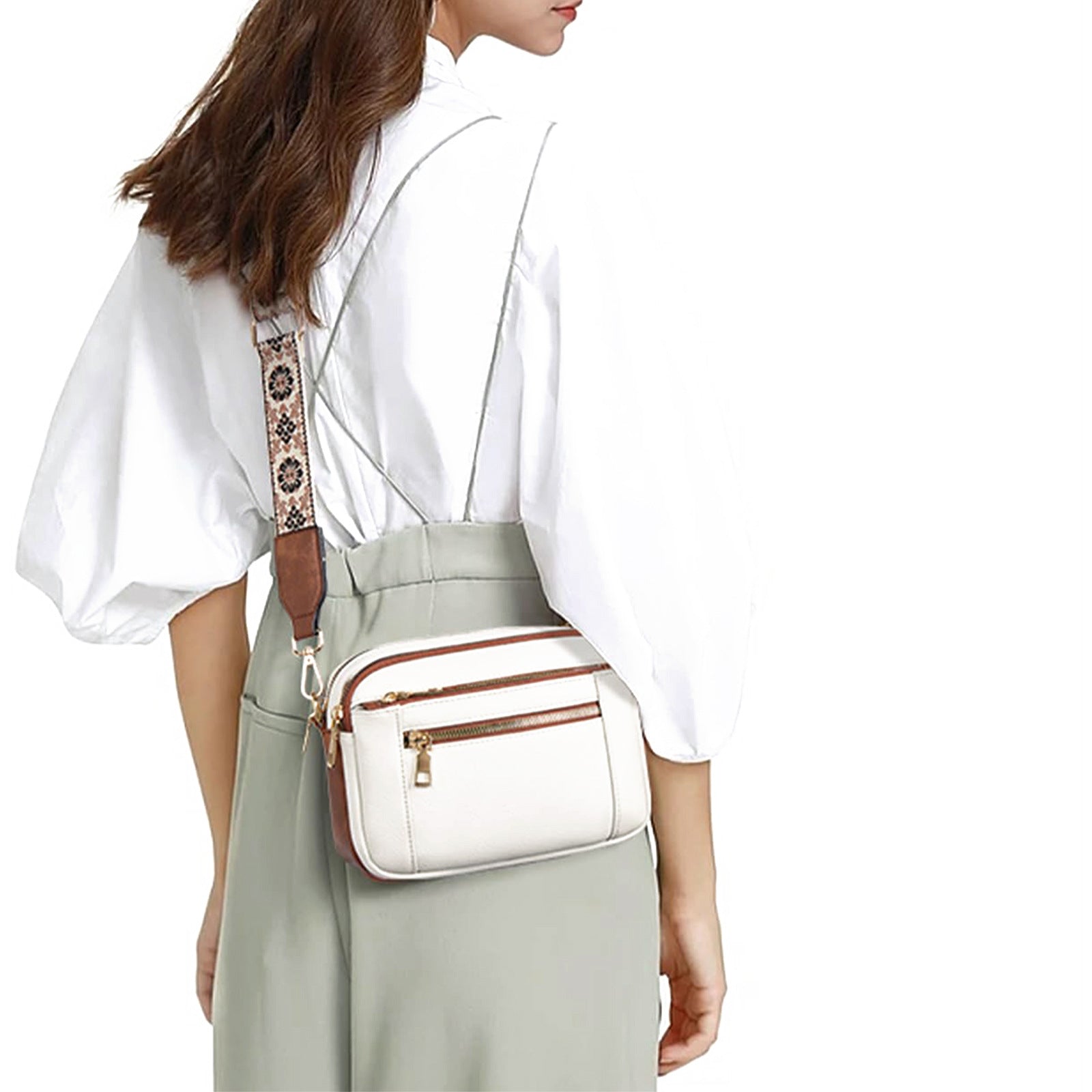 Buy Triple-zipper Shoulder Bag With Floral Embroidered Straps Fashion Colorblock Multi-functional Crossbody Bags For Women online at DLC Market