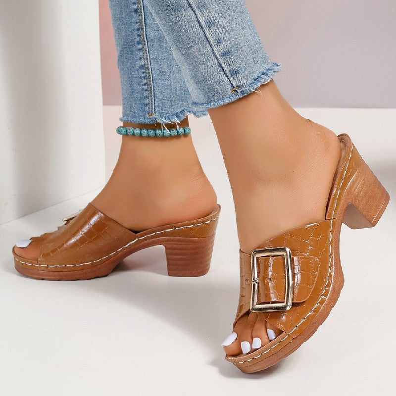 Buy Fashion Crocodile-textured Buckle Sandals Square Chunky Heel Peep-toe Slides Slippers Women Shoes online at DLC Market