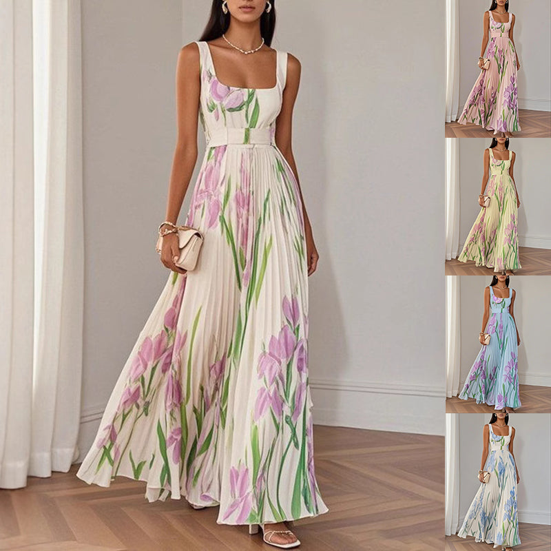 Floral Print Pleated Dress Summer A-Line Sleeveless Midi Dresses Women's Clothing by null