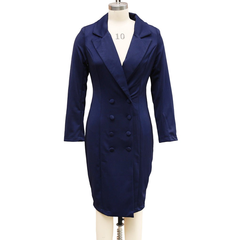 Double Breasted Blazer Dress for Women Slim Fit Hip Wrapped Design Lapel Long Sleeve Office Outwear by null