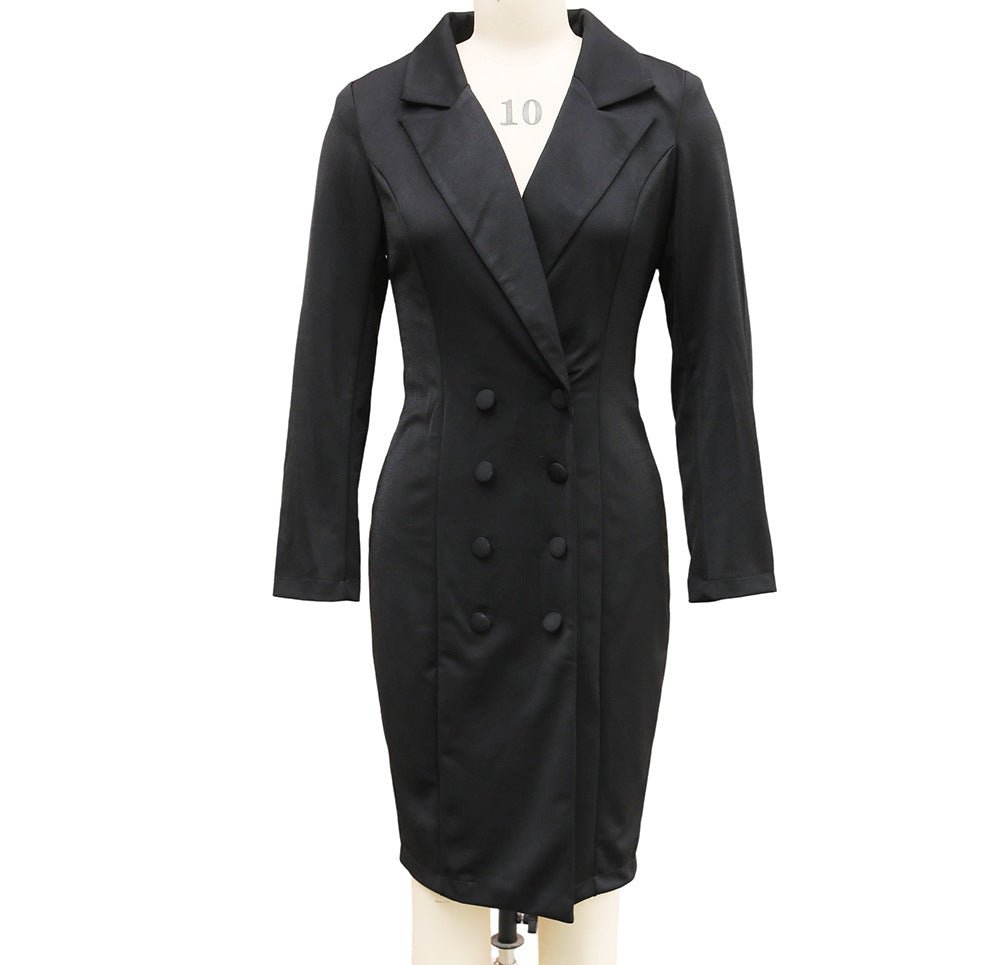 Double Breasted Blazer Dress for Women Slim Fit Hip Wrapped Design Lapel Long Sleeve Office Outwear by null