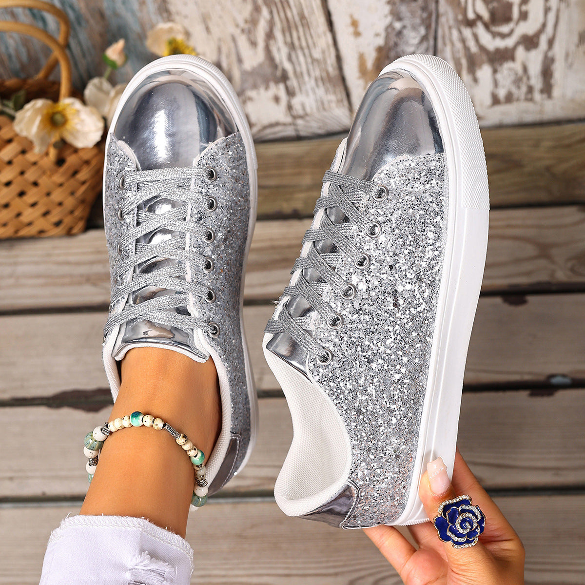 Buy Plus Size Sequined Front Lace-up Solid Color Plus Size Board Shoes online at DLC Market