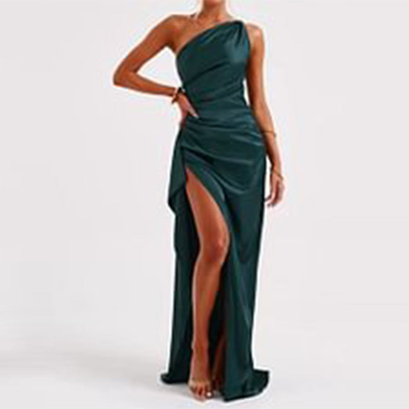 Sexy One-shoulder Backless Slit Dress Summer Elegant Slim-fit Solid Color Satin Dresses For Women by null