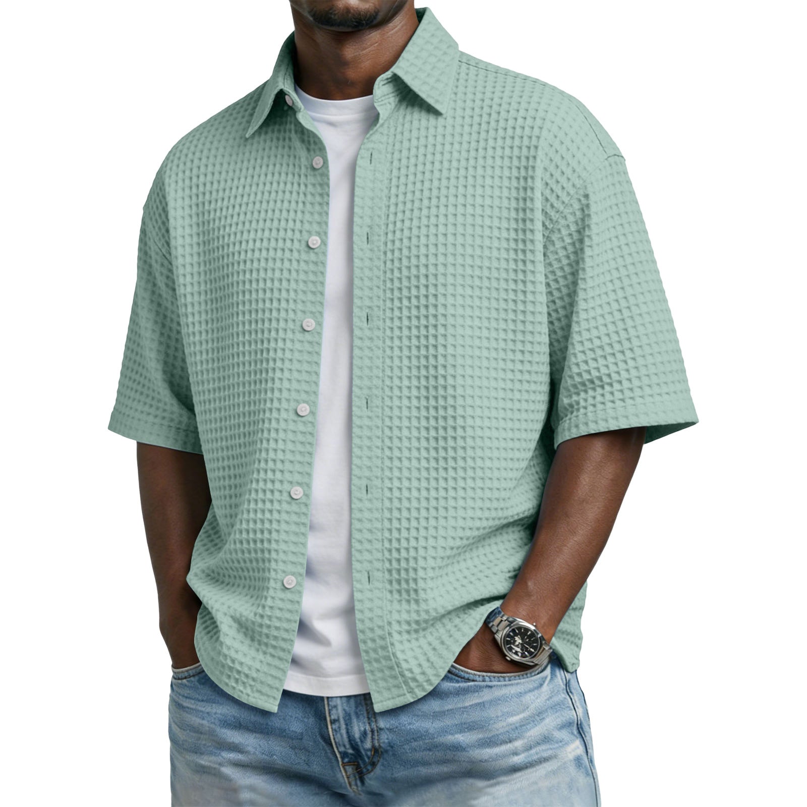 Men's Solid-Colored Waffle-Weave T-Shirt With Lapel Collar by null
